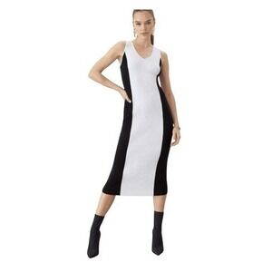 GSTQ Colorblock Sweater V-Neck Midi Dress Black‎ White Knit M